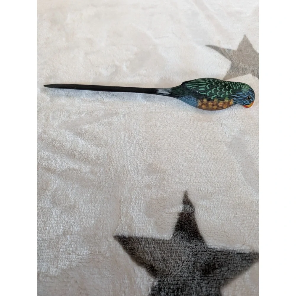 Green Parrot Hand-Carved Hand-Painted Wood Folk Art Bird Letter Opener Glass Eye